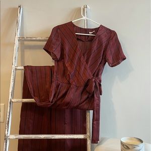 Burgundy and navy stripped short sleeve v-neck satin jumpsuit for women